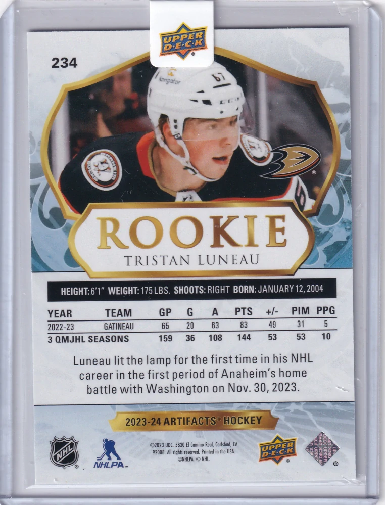 2023-24 UD Artifacts - Tristan Luneau - Rookie /999 #234