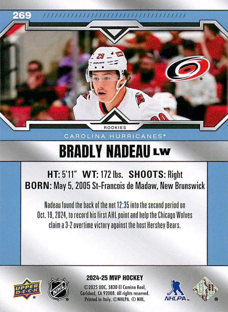 2024-25 UD MVP - Bradly Nadeau - Rookie (Redemption) #269