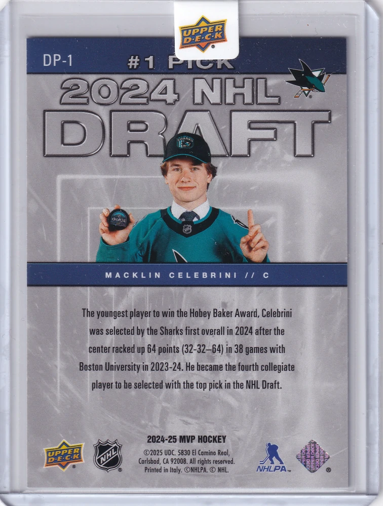 2024-25 UD MVP - Macklin Celebrini - #1 Pick 2024 NHL Draft (Redemption) #DP-1