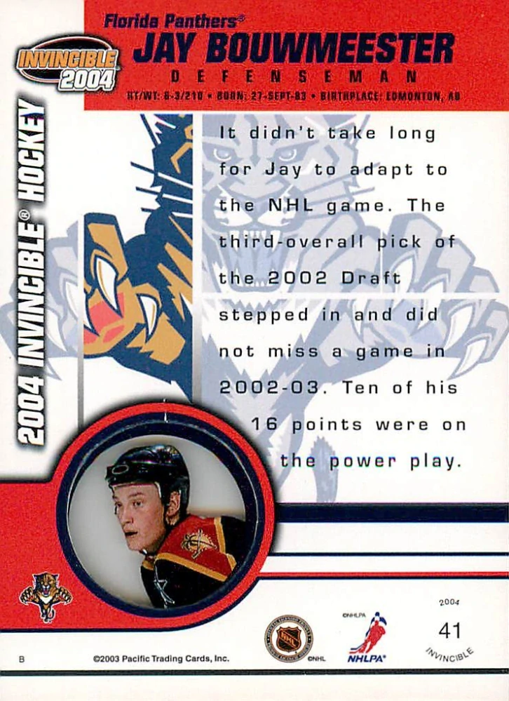 2003-04 Pacific Invincible - Jay Bouwmeester #41