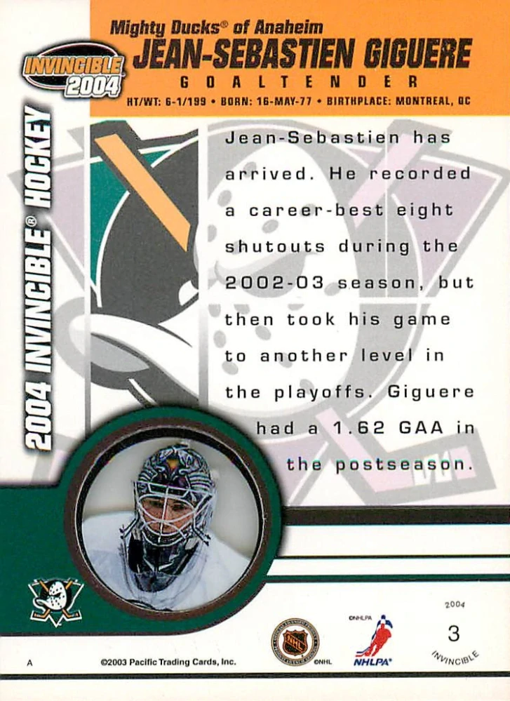 2003-04 Pacific Invincible - Jean-Sebastien Giguere #3