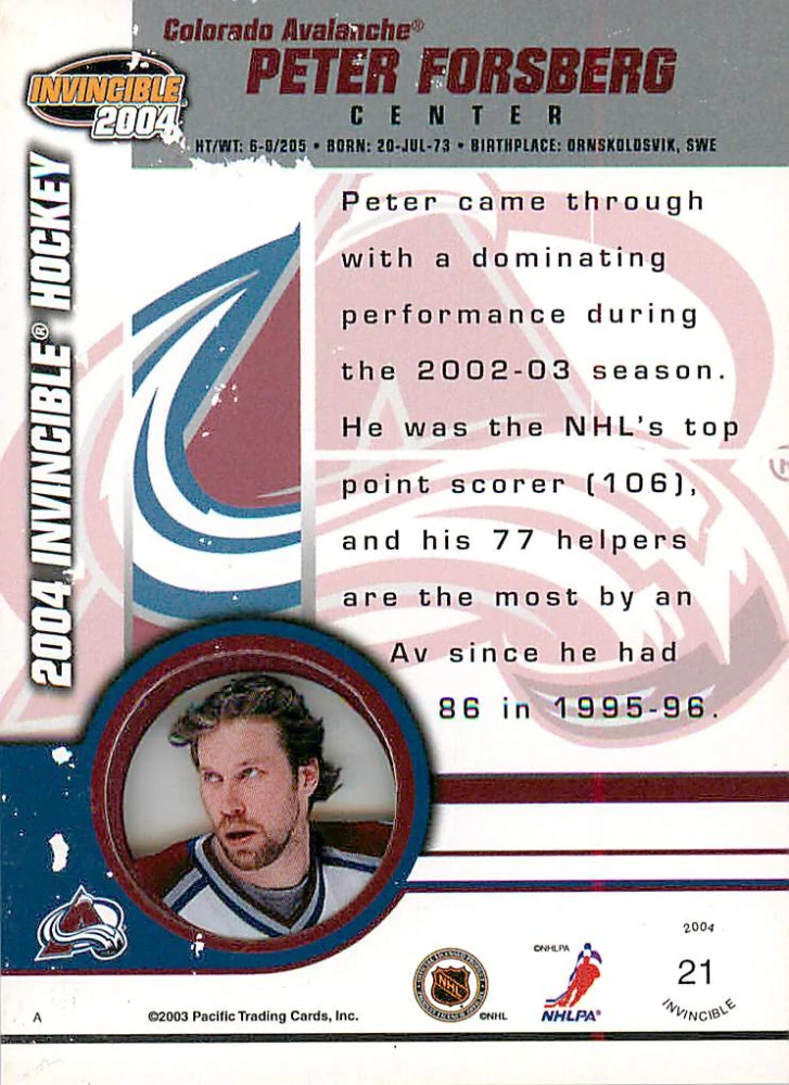 2003-04 Pacific Invincible - Peter Forsberg #21