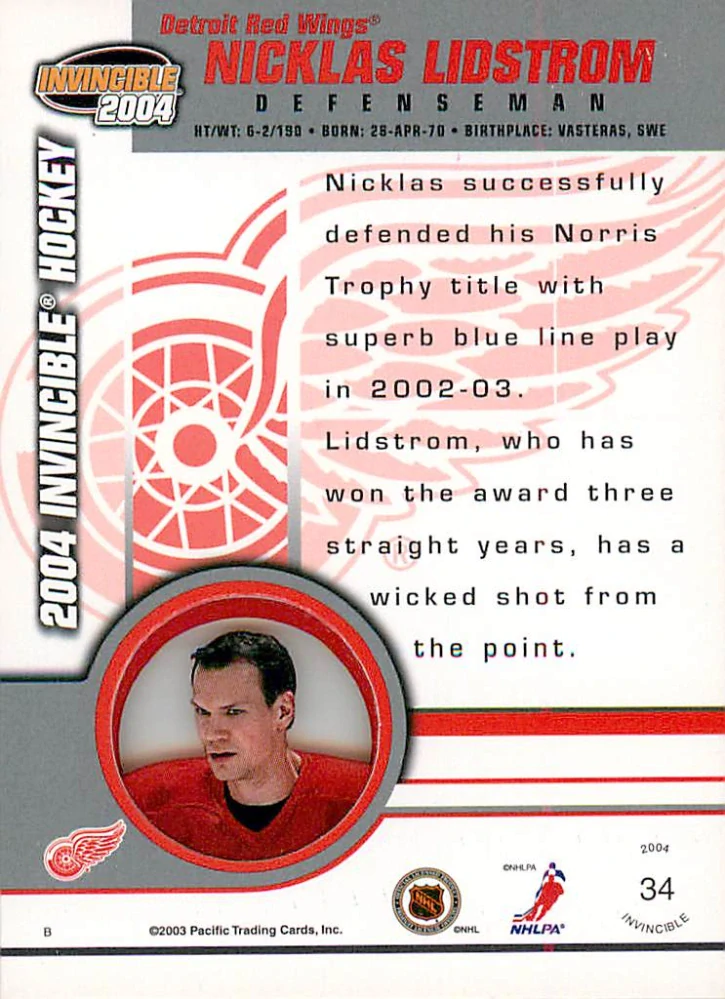 2003-04 Pacific Invincible - Nicklas Lidstrom #34