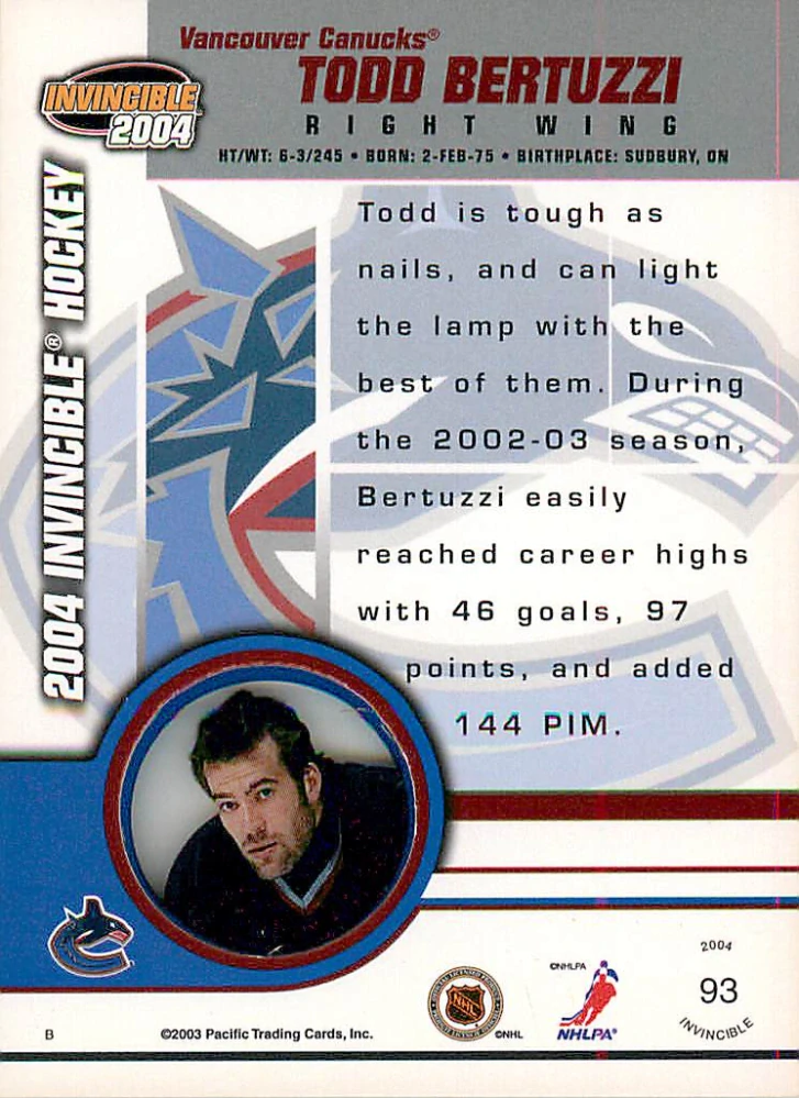 2003-04 Pacific Invincible - Todd Bertuzzi #93
