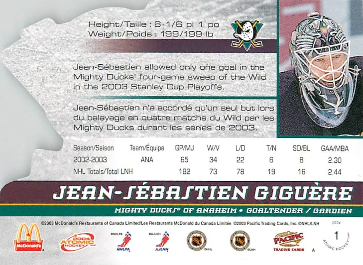 2003-04 Pacific Atomic McDonald's - Jean-Sebastien Giguere #1
