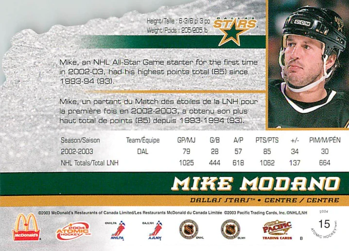 2003-04 Pacific Atomic McDonald's - Mike Modano #15