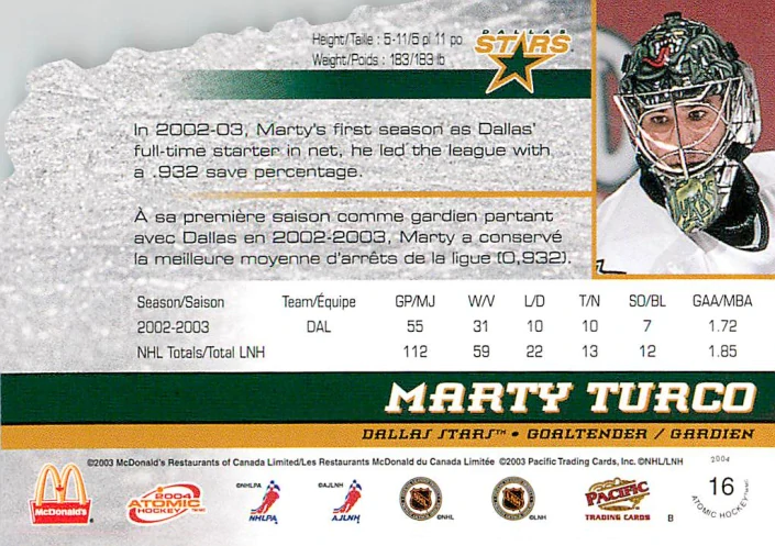 2003-04 Pacific Atomic McDonald's - Marty Turco #16