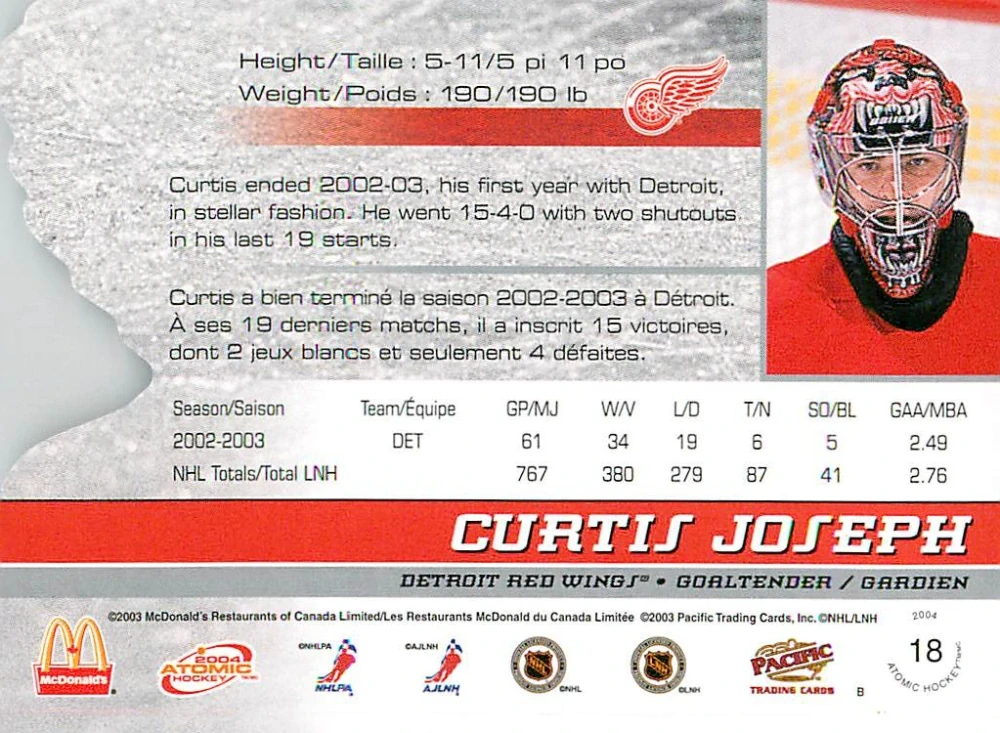 2003-04 Pacific Atomic McDonald's - Curtis Joseph #18