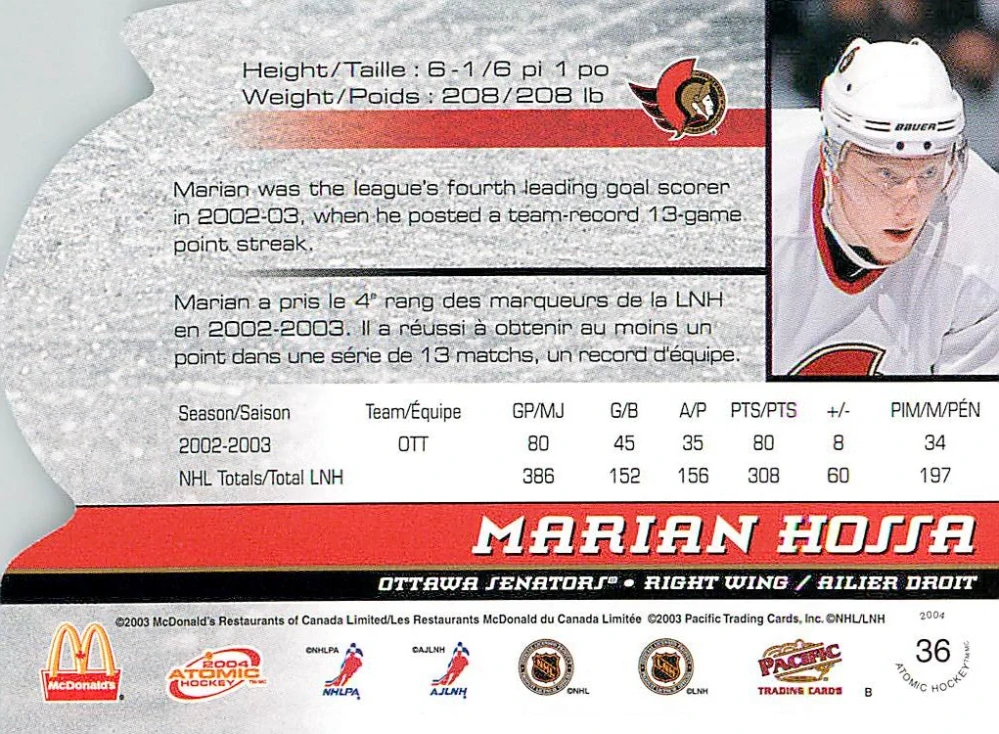 2003-04 Pacific Atomic McDonald's - Marián Hossa #36