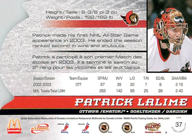 2003-04 Pacific Atomic McDonald's - Patrick Lalime #37