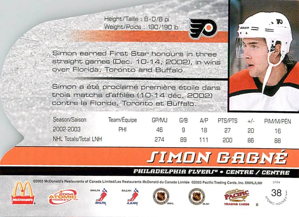 2003-04 Pacific Atomic McDonald's - Simon Gagne #38