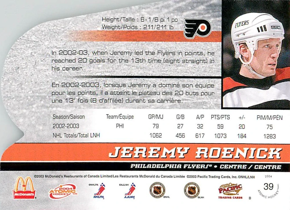 2003-04 Pacific Atomic McDonald's - Jeremy Roenick #39