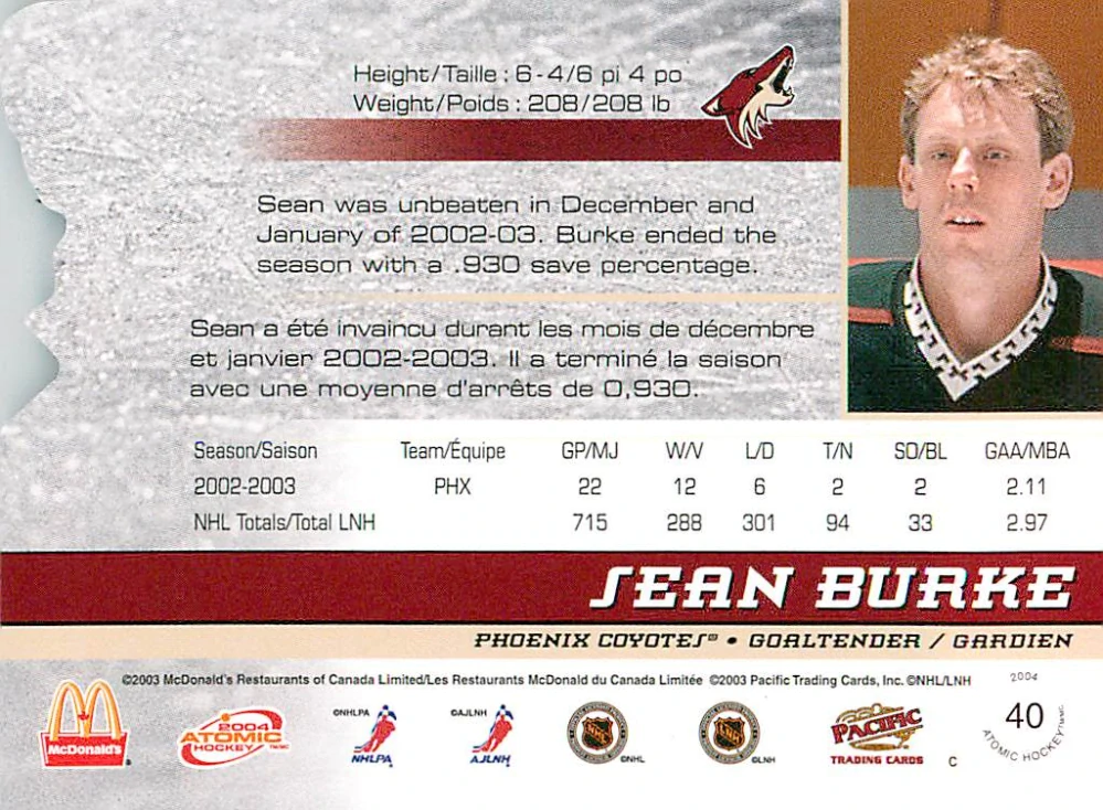 2003-04 Pacific Atomic McDonald's - Sean Burke #40