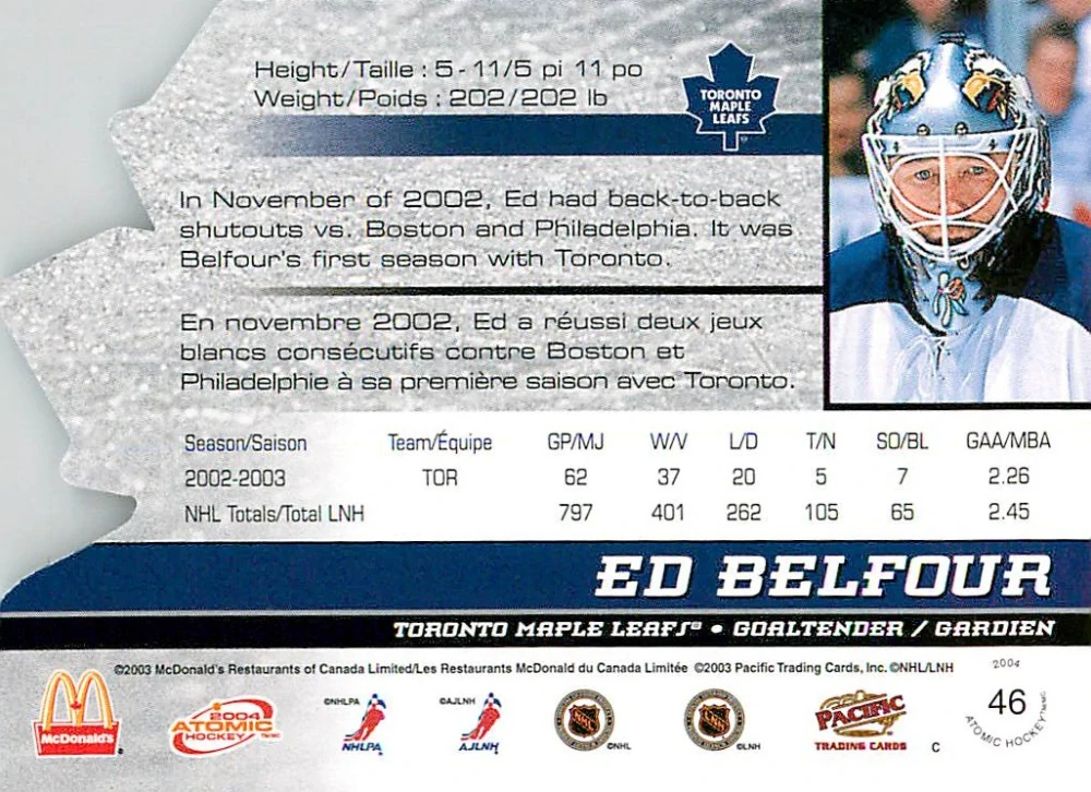 2003-04 Pacific Atomic McDonald's - Ed Belfour #46