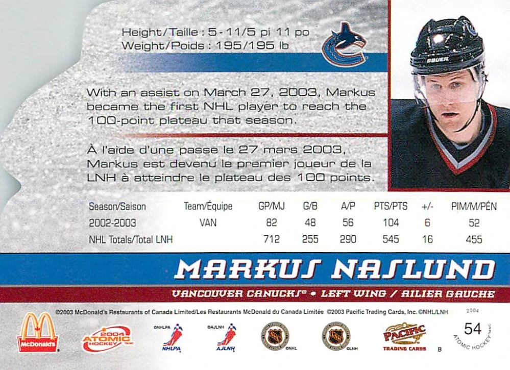 2003-04 Pacific Atomic McDonald's - Markus Naslund #54