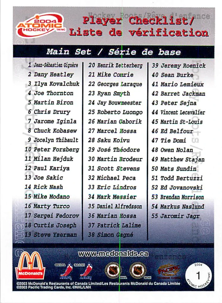 2003-04 Pacific Atomic McDonald's - Dany Heatley - Hockey Roots #1