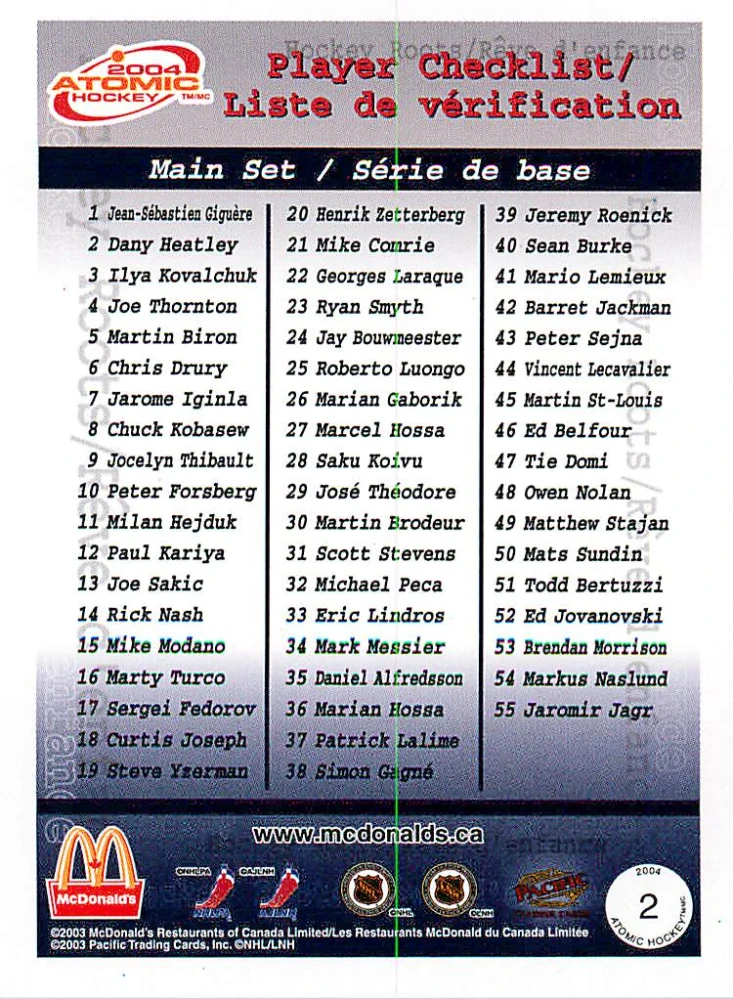 2003-04 Pacific Atomic McDonald's - Joe Thornton - Hockey Roots #2