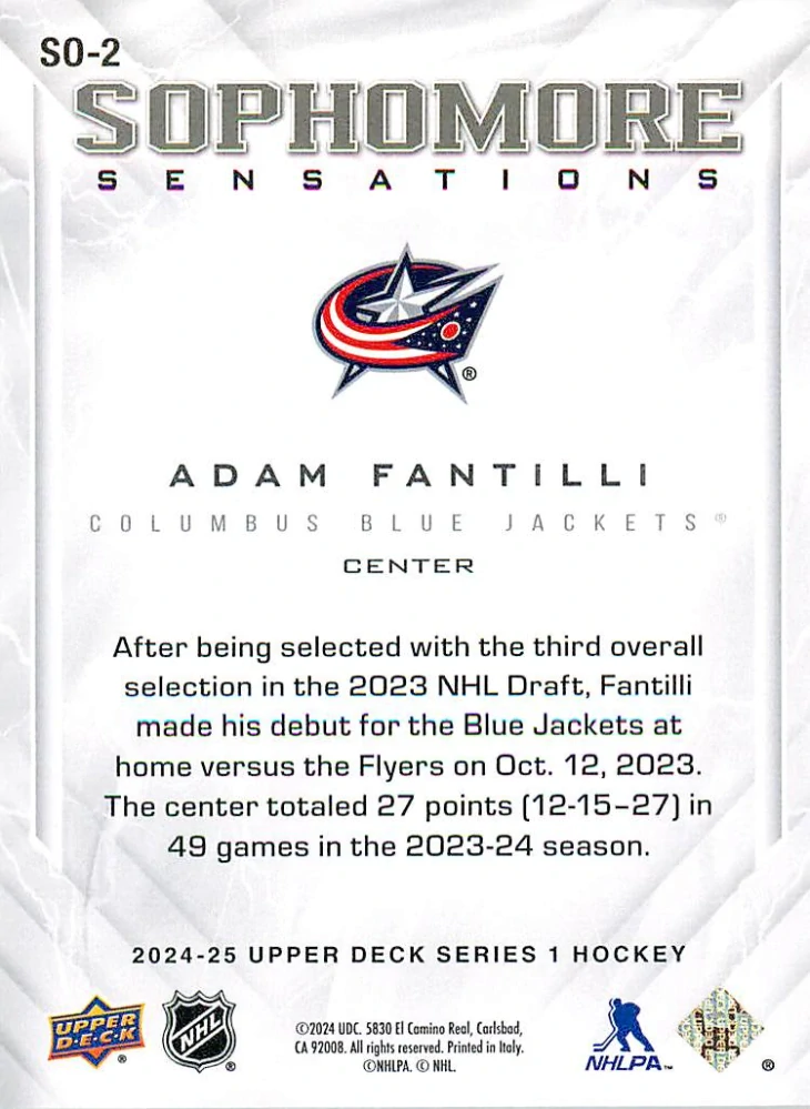 2024-25 UD Series 1 - Adam Fantilli - Sophomore Sensations #SO-2