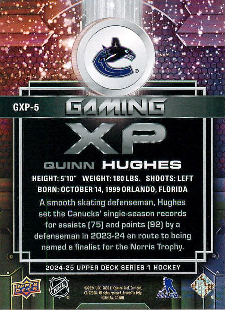 2024-25 UD Series 1 - Quinn Hughes - Gaming XP #GXP-5