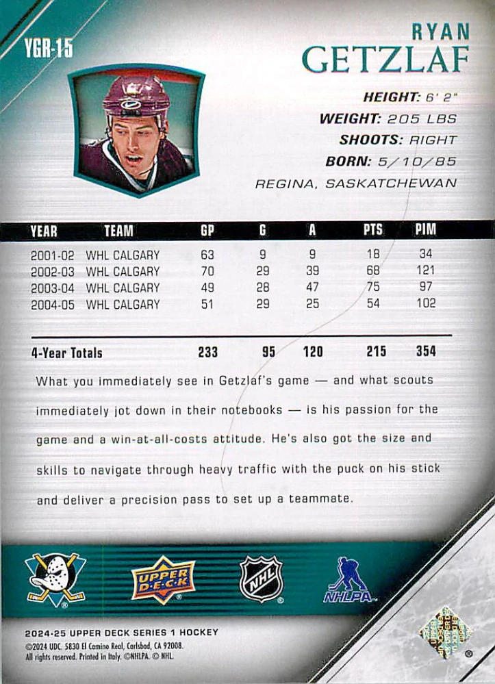 2024-25 UD Series 1 - Ryan Getzlaf - Young Guns Renewed #YGR-15