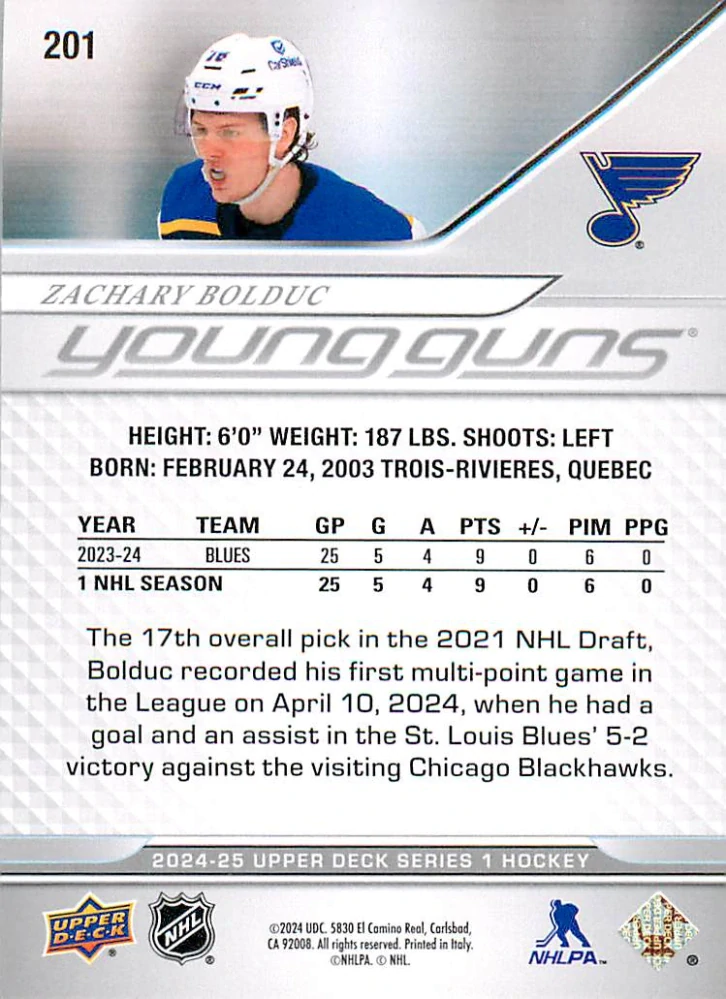 2024-25 UD Series 1 - Zachary Bolduc - Young Guns #201