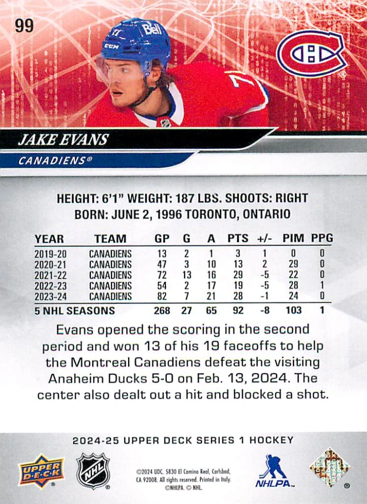 2024-25 UD Series 1 - Jake Evans #99