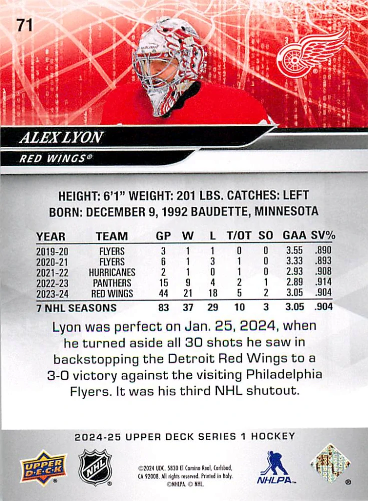 2024-25 UD Series 1 - Alex Lyon #71