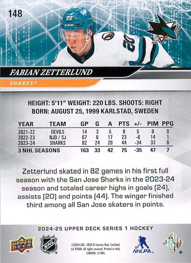 2024-25 UD Series 1 - Fabian Zetterlund #148