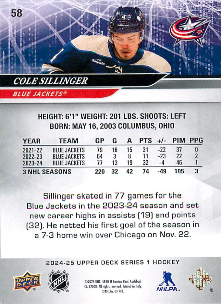 2024-25 UD Series 1 - Cole Sillinger #58