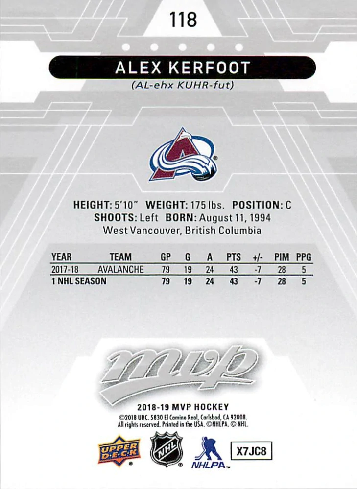 2018-19 UD MVP - Alex Kerfoot - Silver Script #118