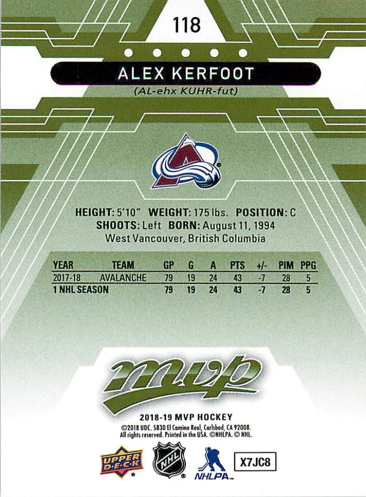 2018-19 UD MVP - Alex Kerfoot - Green Script #118