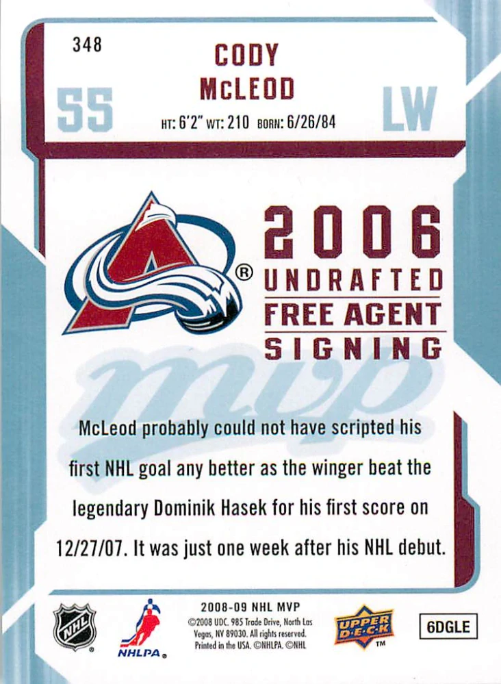 2008-09 UD MVP - Cody McLeod - Rookie #348