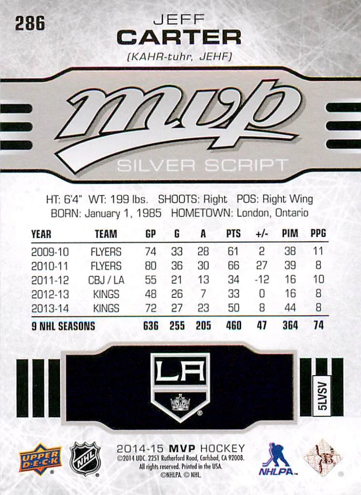 2014-15 UD MVP - Jeff Carter - Silver Script #286