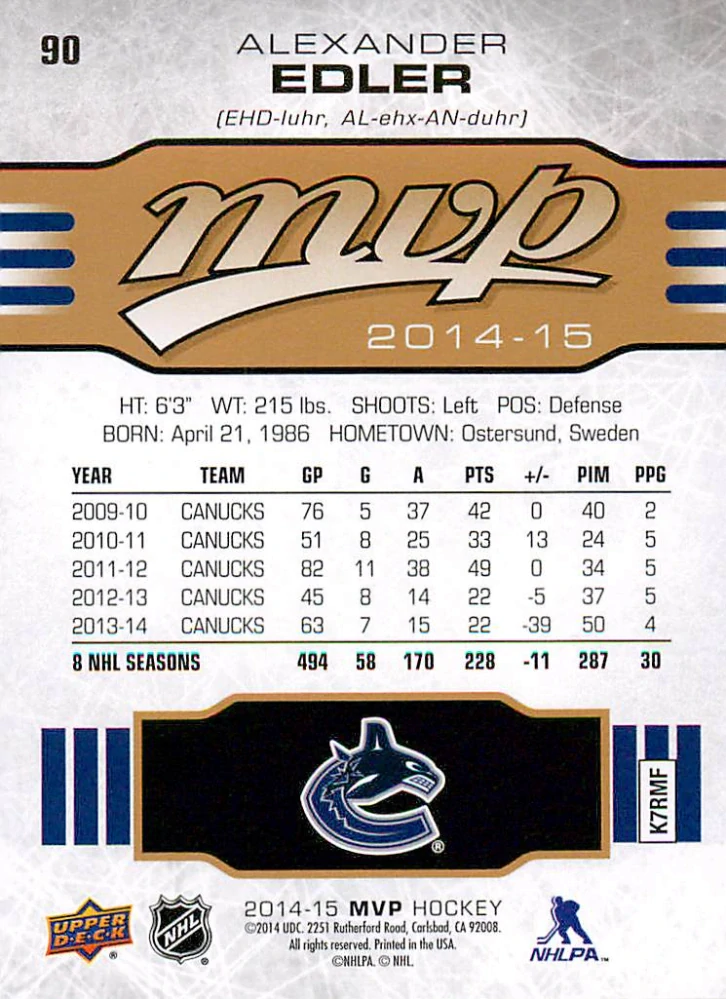 2014-15 UD MVP - Alexander Edler #90