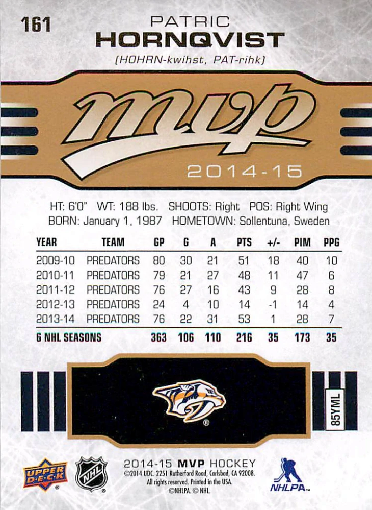 2014-15 UD MVP - Patric Hornqvist #161