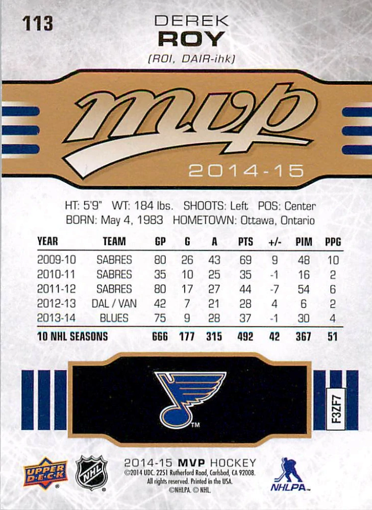 2014-15 UD MVP - Derek Roy #113