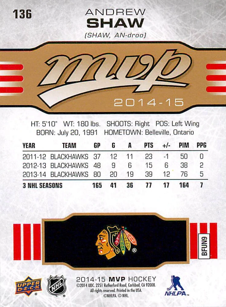 2014-15 UD MVP - Andrew Shaw #136