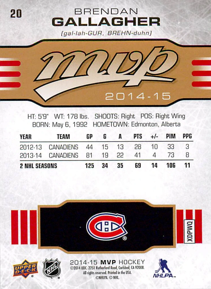 2014-15 UD MVP - Brendan Gallagher #20