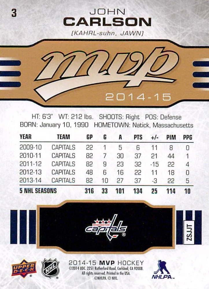 2014-15 UD MVP - John Carlson #3