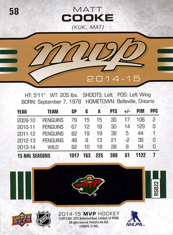 2014-15 UD MVP - Matt Cooke #58
