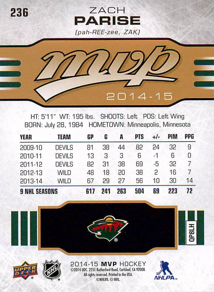 2014-15 UD MVP - Zach Parise #236