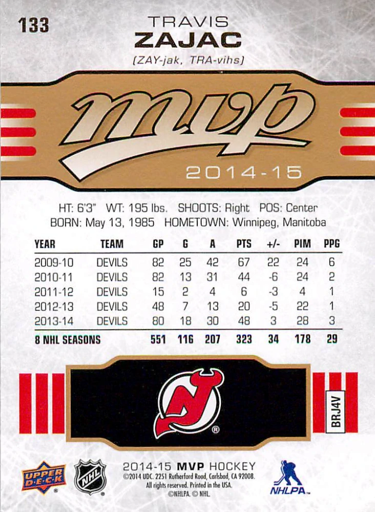 2014-15 UD MVP - Travis Zajac #133