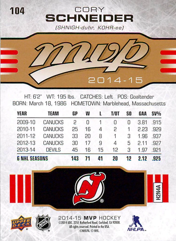 2014-15 UD MVP - Cory Schneider #104