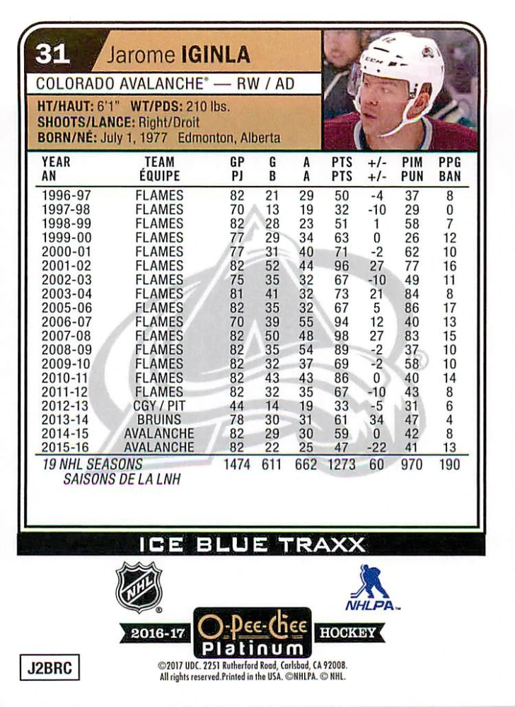 2016-17 UD O-Pee-Chee Platinum - Jarome Iginla - Ice Blue Traxx #31