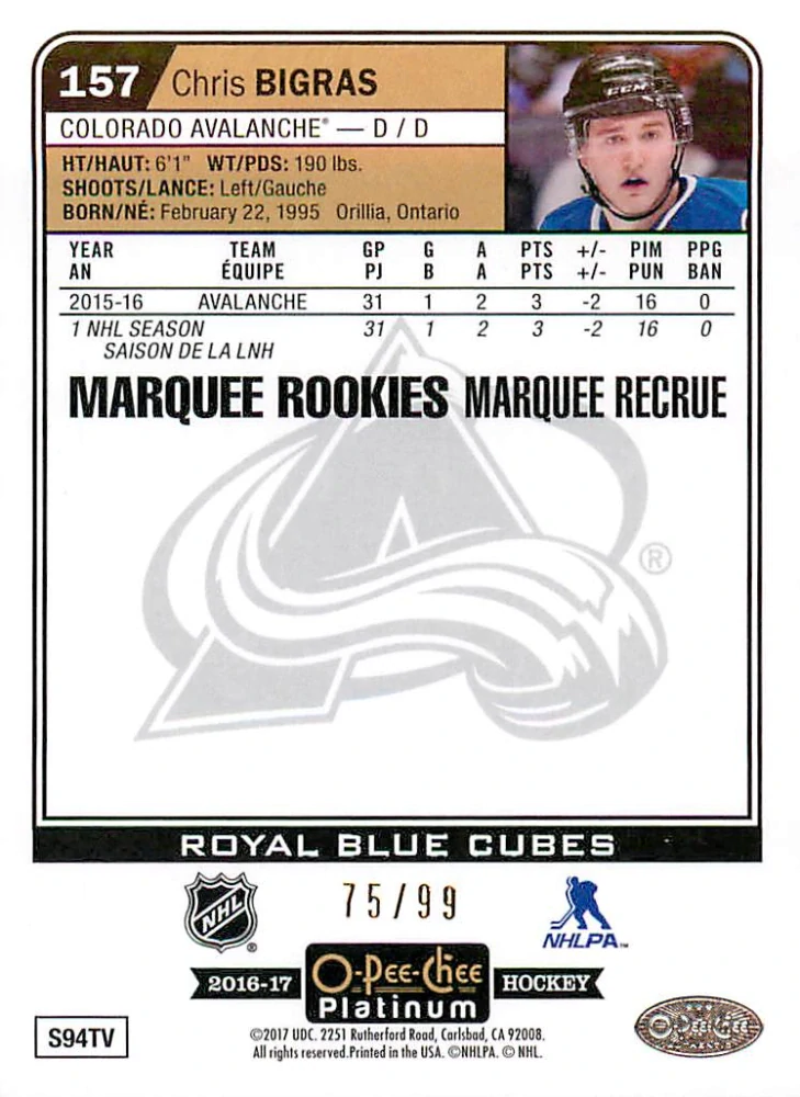 2016-17 UD O-Pee-Chee Platinum - Chris Bigras - Marquee Rookies - Royal Blue Cubes /99 #157