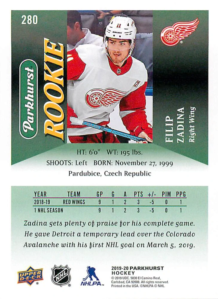 2019-20 UD Parkhurst - Filip Zadina - Rookie #280