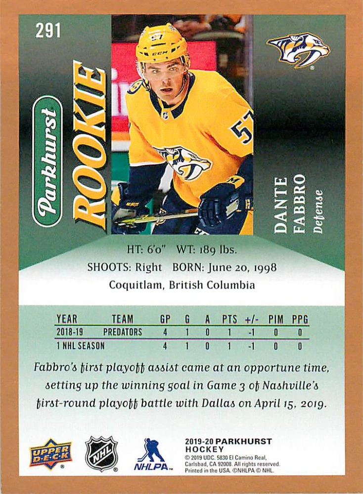2019-20 UD Parkhurst - Dante Fabbro - Rookie Bronze #291