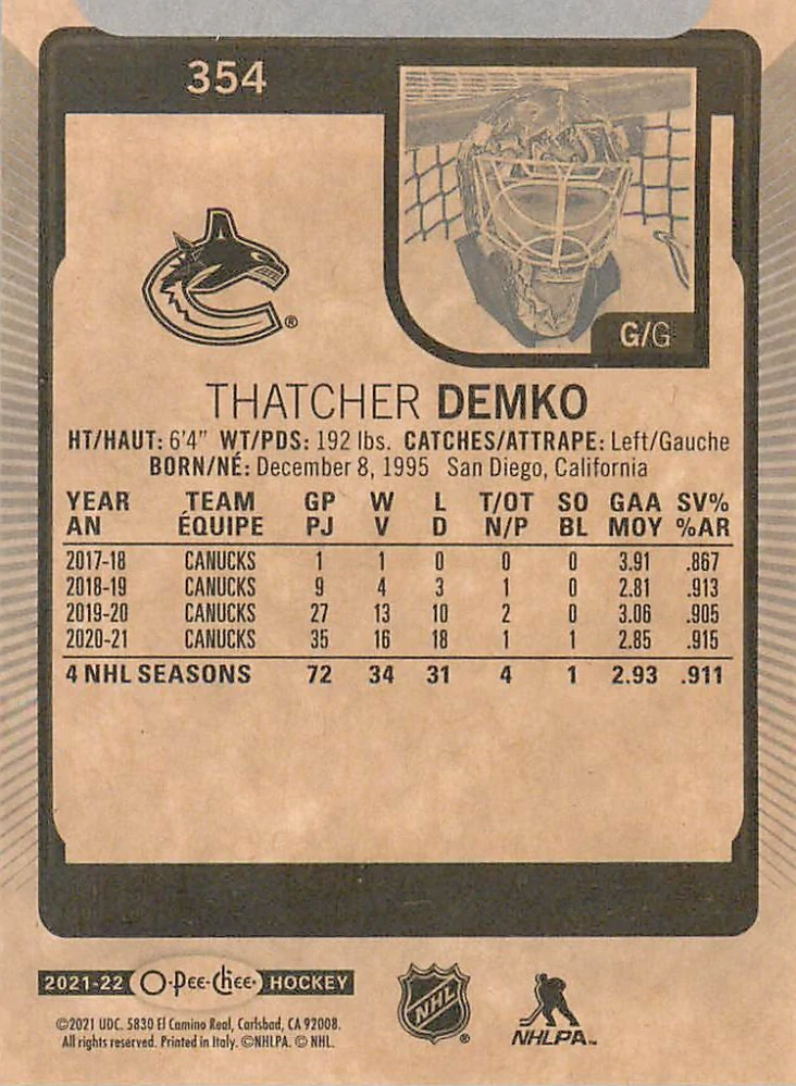 2021-22 UD O-Pee-Chee - Thatcher Demko #354