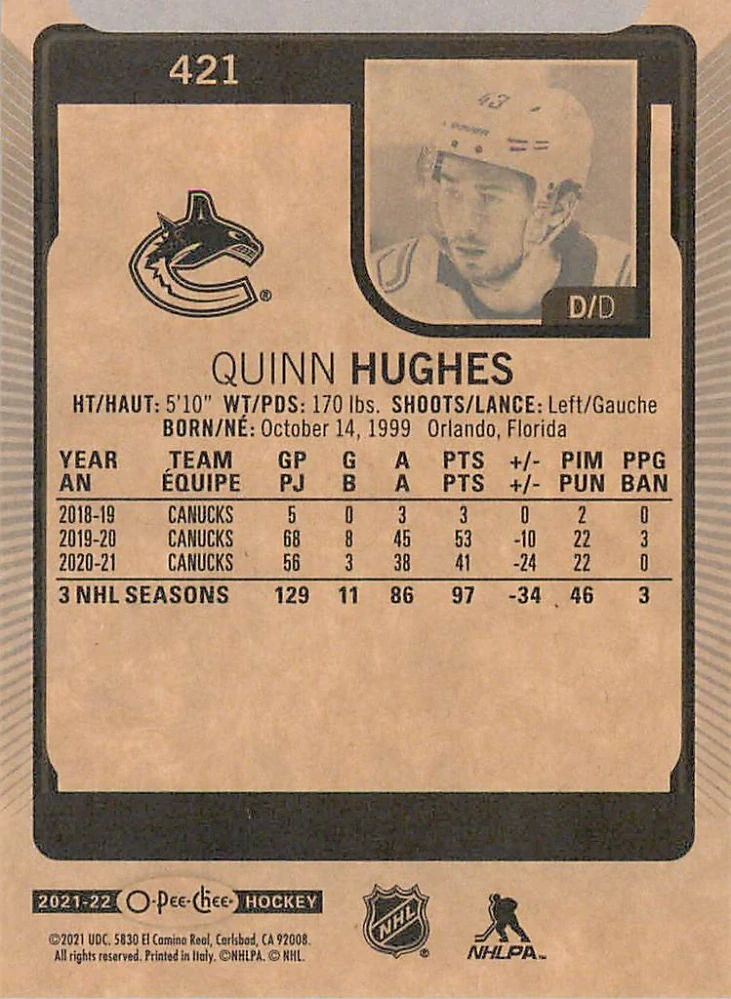 2021-22 UD O-Pee-Chee - Quinn Hughes #421
