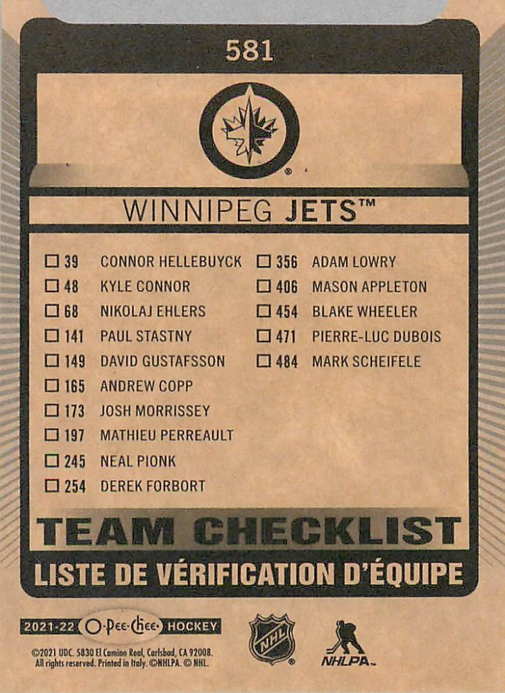 2021-22 UD O-Pee-Chee - Winnipeg Jets - Team Checklist #581